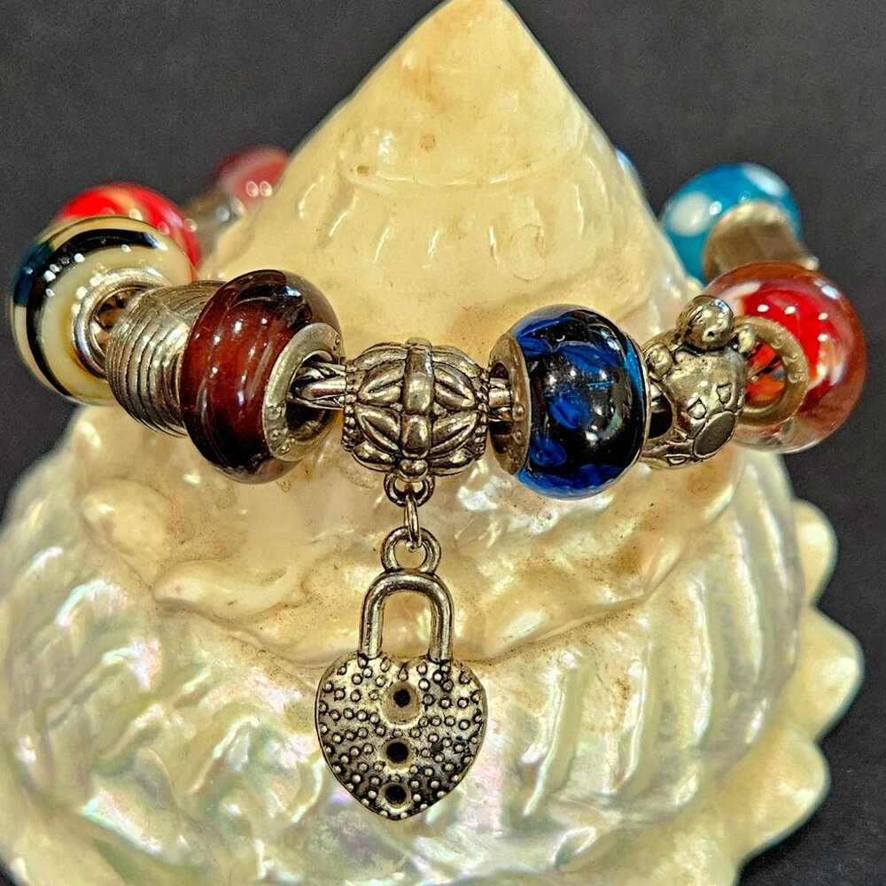 Charm Wheat Chain bracelet 925 Murano style beads and metal charms